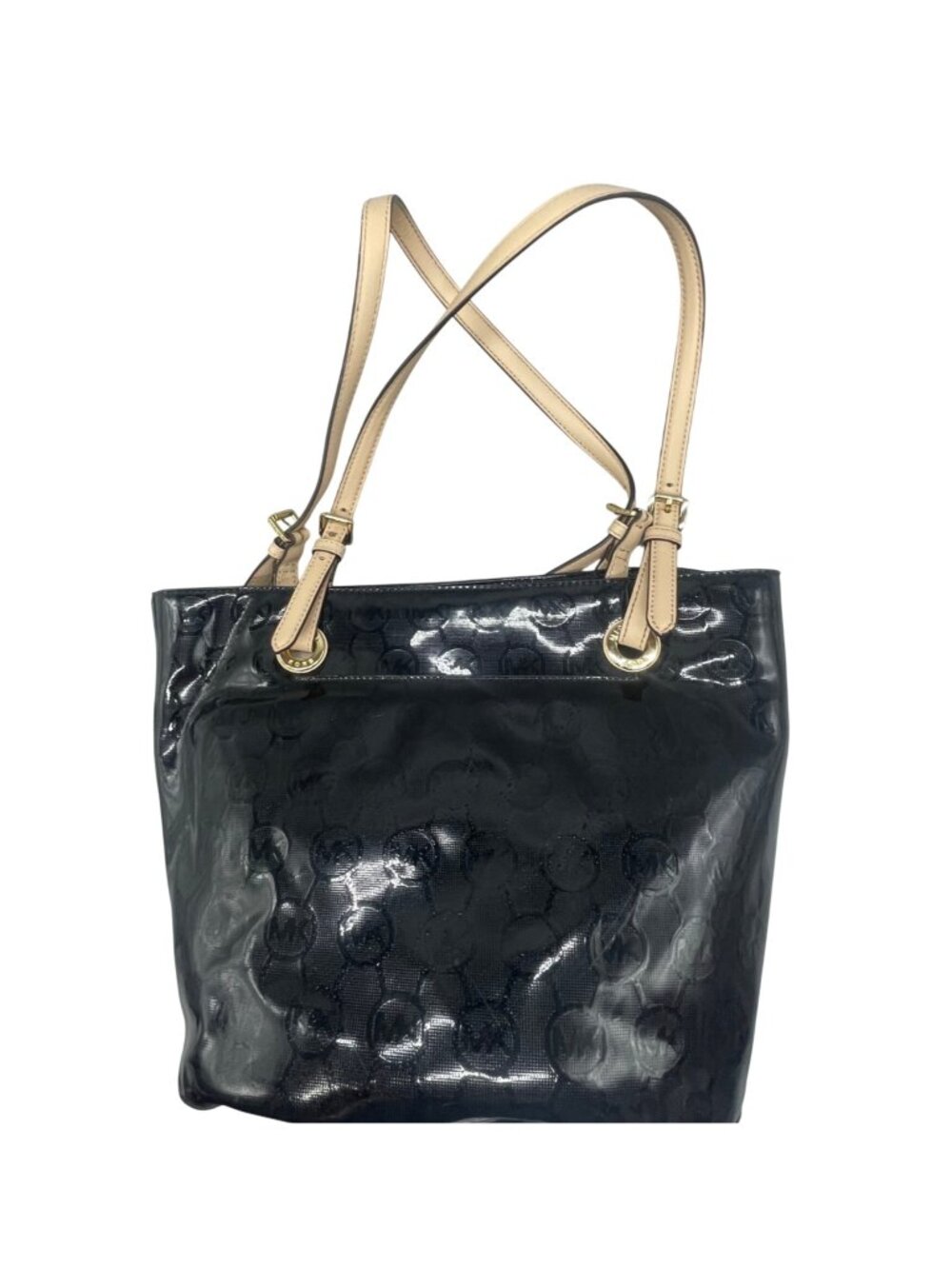 Michael Kors Black Patent Leather Tote With Tan Straps handbag adjustable READ